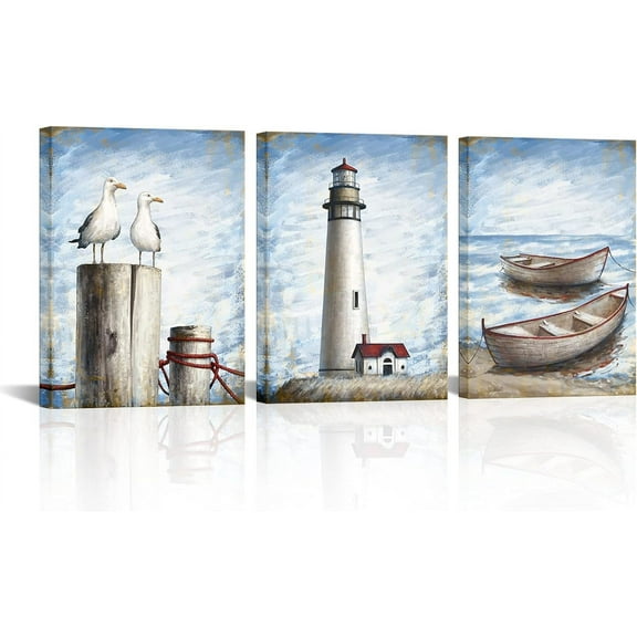 Lighthouse Canvas Wall Art Nautical Bathroom Pictures Sail Boat Decor Coastal Beach Painting Artwork for Bedroom Bathroom Decoration
