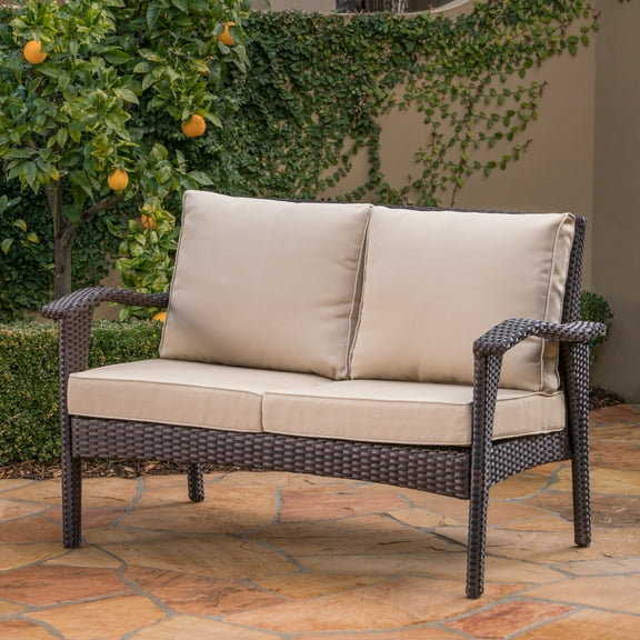 Outdoor Wicker Loveseat with Cushions, Brown,Tan