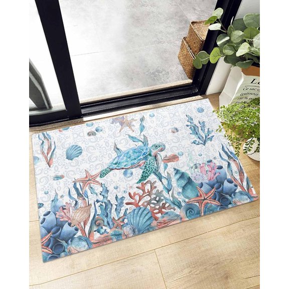 Shag Bath Rugs Blue Sea Turtle Ocean Coral Plush Soft Fluffy Doormat Floor Carpet,Non-Slip Living Room Bedroom Kitchen Entryway Door Mats Summer Nautical Conch Starfish