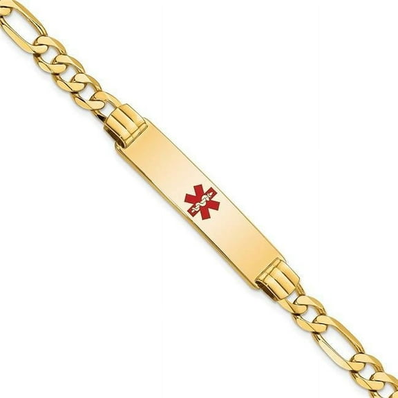 Primal Gold 14 Karat Yellow Gold Medical Red Enamel Flat Figaro Link ID Bracelet