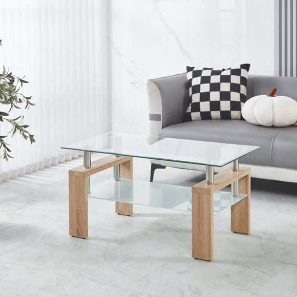 Tempered Clear Glass Coffee Table, Modern Side Center Tables for Living Room, Living Room Furniture,Natural