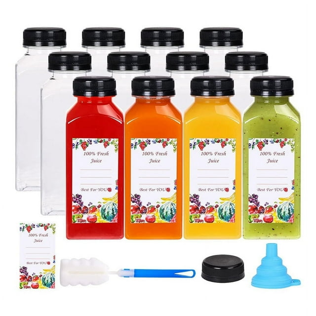 12 botellas de plástico para jugo de 12 oz con tapas a prueba de manipulaciones