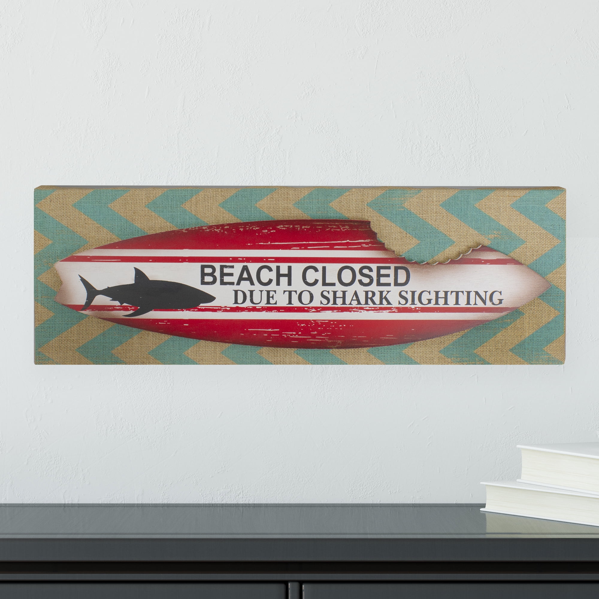Beach Closed Shark Bitten Surfboard Linen Burlap Wall Art 24"