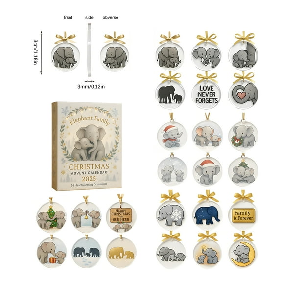 Elephant Family Advent Calendar 2025 - 24 Days Countdown with Cute Acrylic Hanging for Holiday Festive Home Christmas Decorations