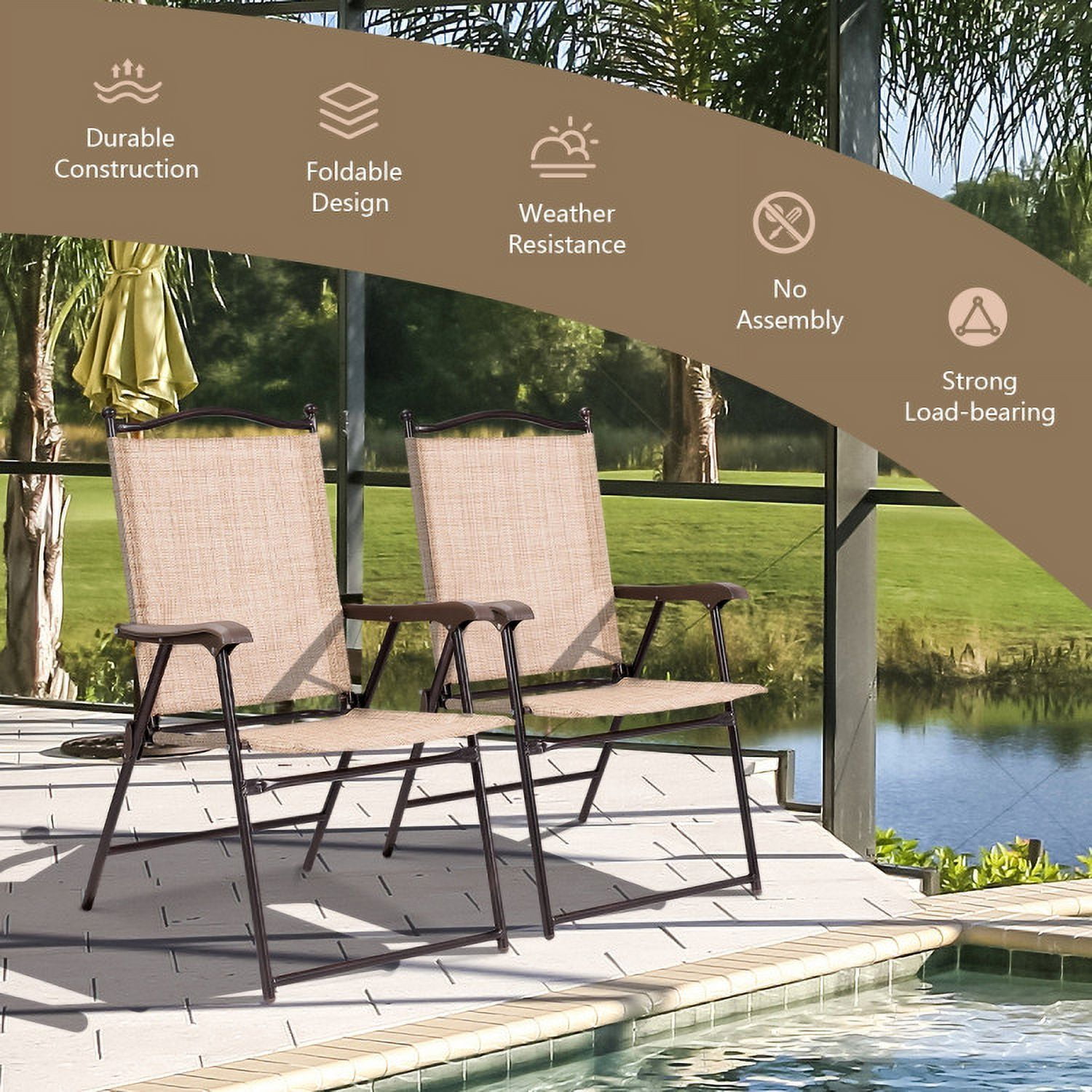 Aimee Lii Set of 2 Patio Folding Sling Back Camping Deck Chairs, Outdoor Patio Set, Beige