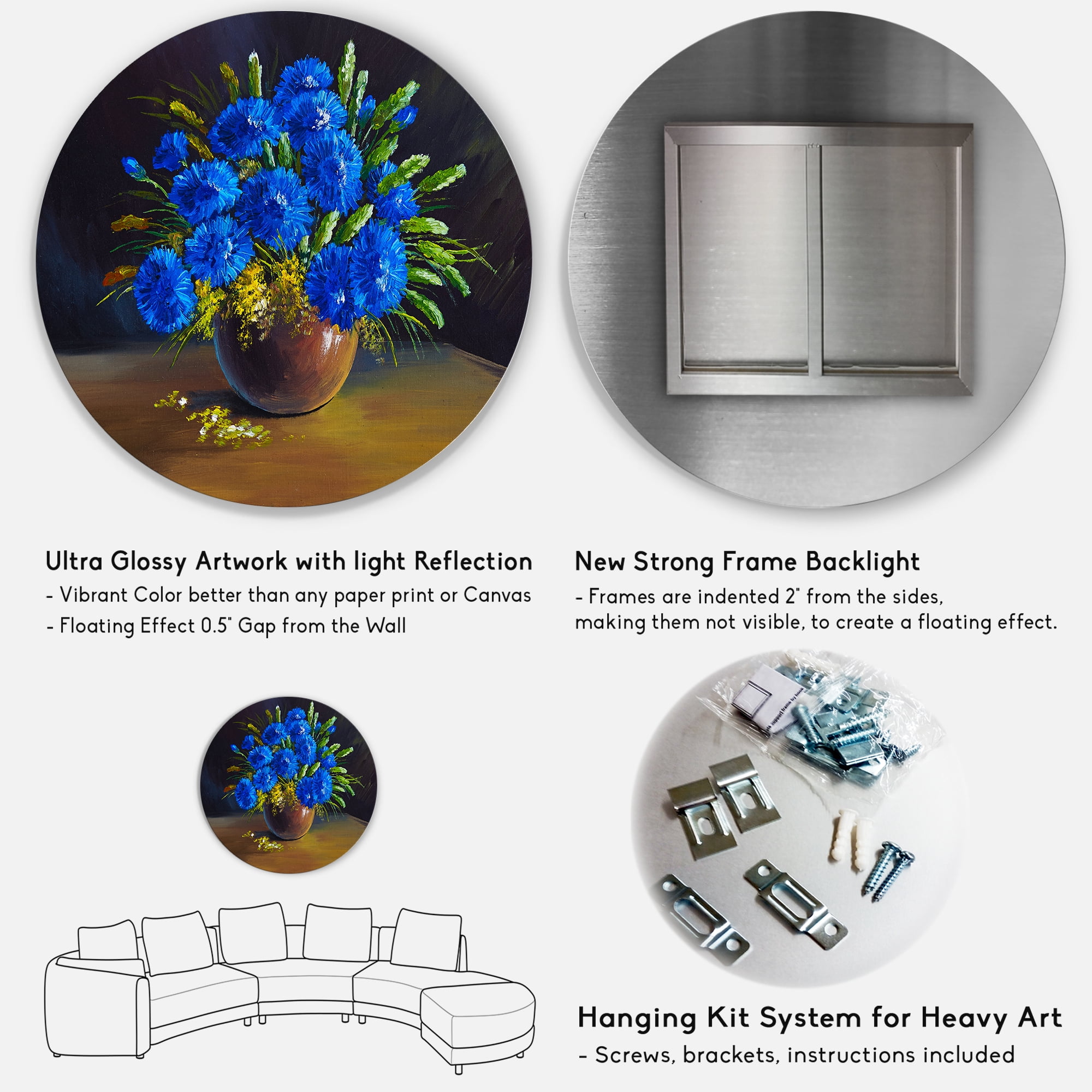 Designart 'Still Life A Bouquet Of Blue Wildflowers In Vase' Traditional Circle Metal Wall Art 11x11 - Disc of 11