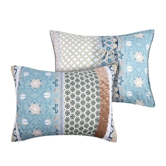Benjara Ello 26 Inch Quilted Standard Pillow Sham, Bohemian Print Blue and White