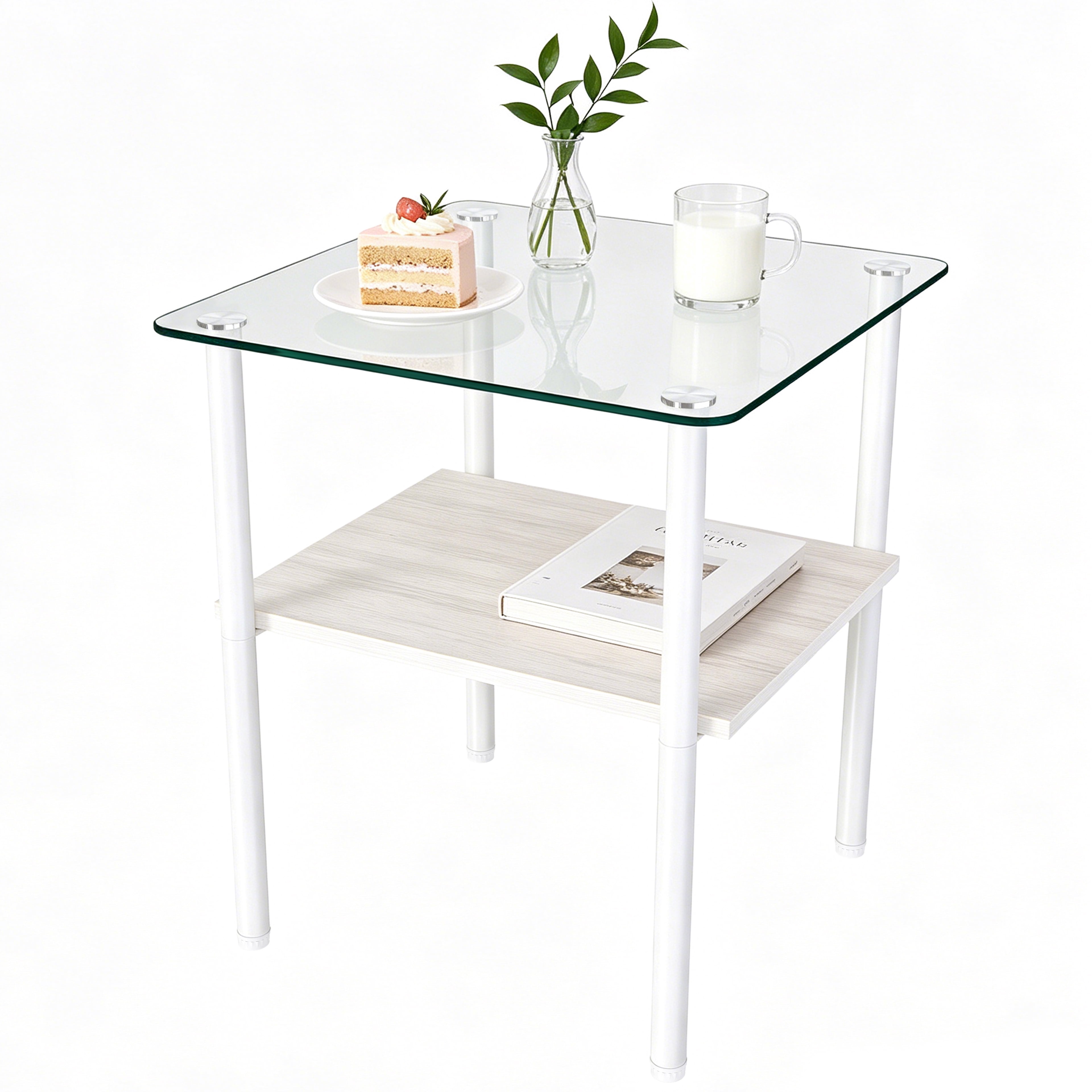 2-piece Modern Rectangular Glass Side Table, Tempered Glass Tabletop, MDF Storage Shelf & Metal Legs, Minimalist Sofa Side Table for Living Room & Bedroom