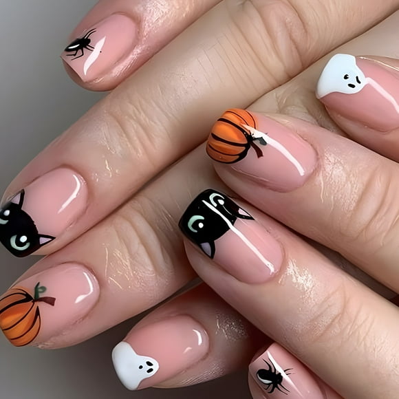 24pcs Halloween Press-On Nails Set - Medium Square, Glossy Pink With Cute Black Cat, Pumpkin & Spider Web Designs For Women And Girls