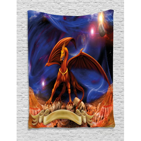 Dragon Tapestry Fantasy Scene With Dragon Knight Against Cosmos