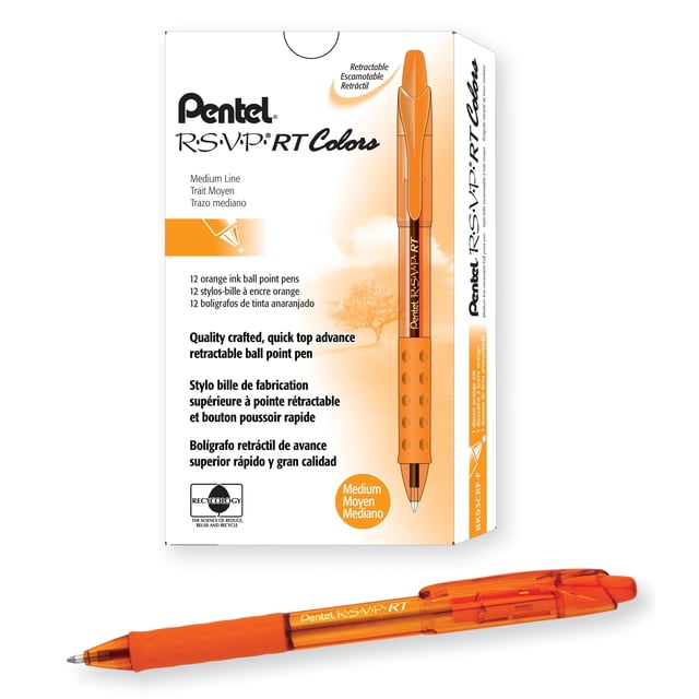 Bolígrafo retráctil Pentel RSVP RT Colors, 1 mm, naranja, paquete de 12