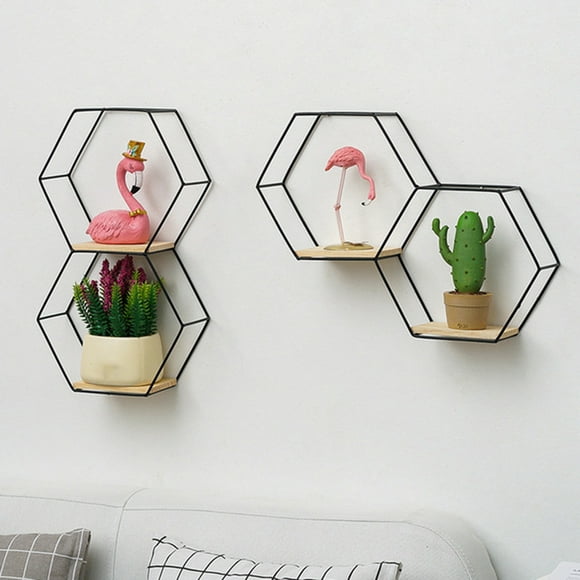 Neinkie Geometric Hexagon Shaped Mounted Floating, Home Decor, Metal Wire and Rustic Wood Wall Storage Shelves for Bedroom, Living Room, Bathroom, Kitchen and Office