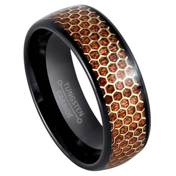 Dome Black IP 8mm Rosewood Inlay and Honeycomb Cut-out Wedding Band Comfort Fit - Mens Tungsten Carbide Ring - #966s10
