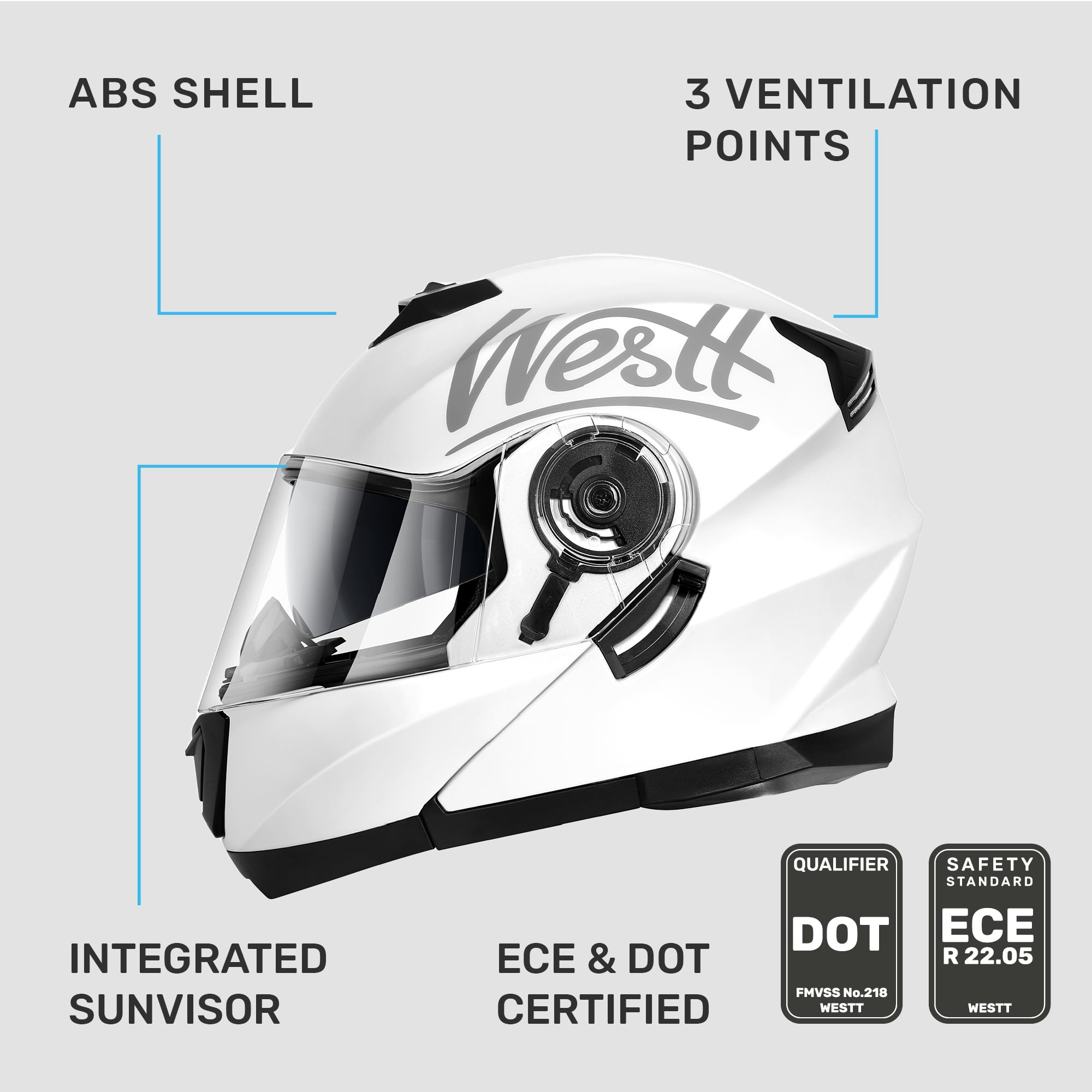 Westt Open Face Motorcycle Helmet - Motocross Helmet Liftable Chin & Dual Visor - ATV Helmets for Adults Motorcycle DOT Approved(M/White Torque X)