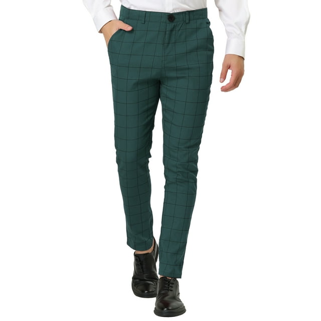 INSPIRE CHIC Men's Plaid Dress Slim Fit Checked Business Pants with Pockets 36 Green