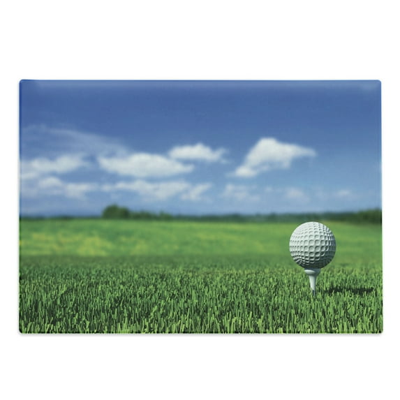 Golf Cutting Board, Professional Golf Ball on Tee on the Grass in Sunny Day Outdoor Sports, Decorative Tempered Glass Cutting and Serving Board, in 3 Sizes, by Ambesonne
