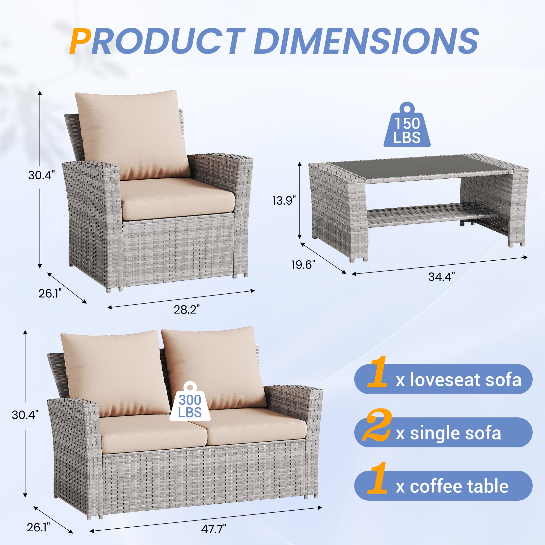 UDPATIO Wicker Patio Furniture Set, 4 Piece Outdoor Sectional Conversation Sets, Gray PE Rattan Patio Sofa Set for Balcony, Backyard, Beige