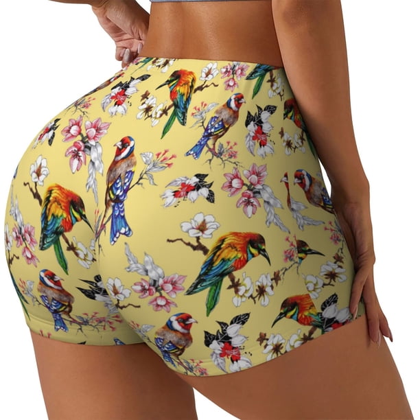 Balery Bright Birds Pantalones cortos de entrenamiento estampados para mujer, sin costuras, ajustados, para gimnasio, yoga, correr, deportes, ejercicio activo, fitness.-XX-Large