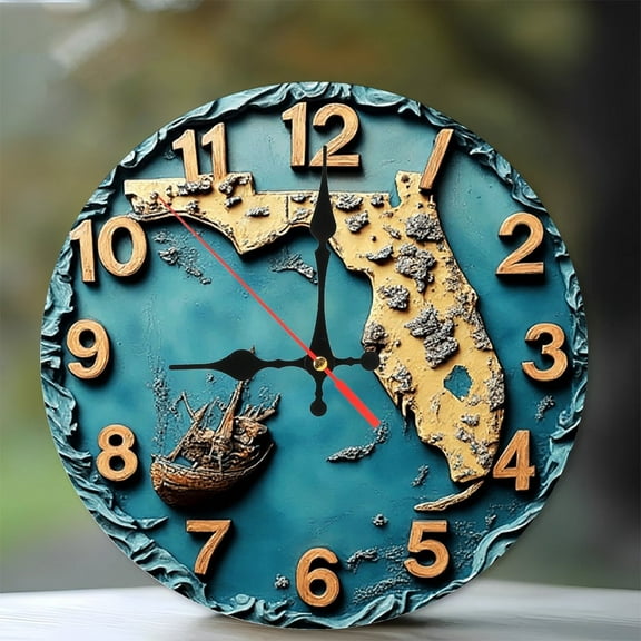 Florida Map Shipwreck Wall Clock Unique Decor 10-Inch Silent Wooden Wall Clock, Battery Operated (AA Batteries Not Included), Artistic Home Decor