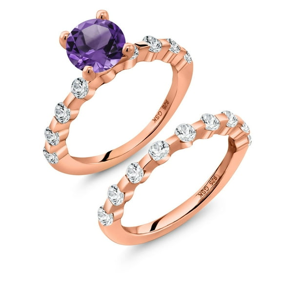 Gem Stone King 18K Rose Gold Plated Silver Purple Amethyst and White Topaz Wedding Engagement Ring Band Bridal Set for Women (2.56 Cttw, Gemstone February Birthstone, Round 7MM, Size 8)