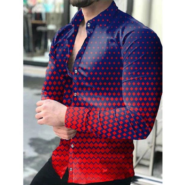 Hombres Impreso Cardigan Solapa Moda Botón Camisa Slim Casual Manga Larga Tops UHUSE Camisa