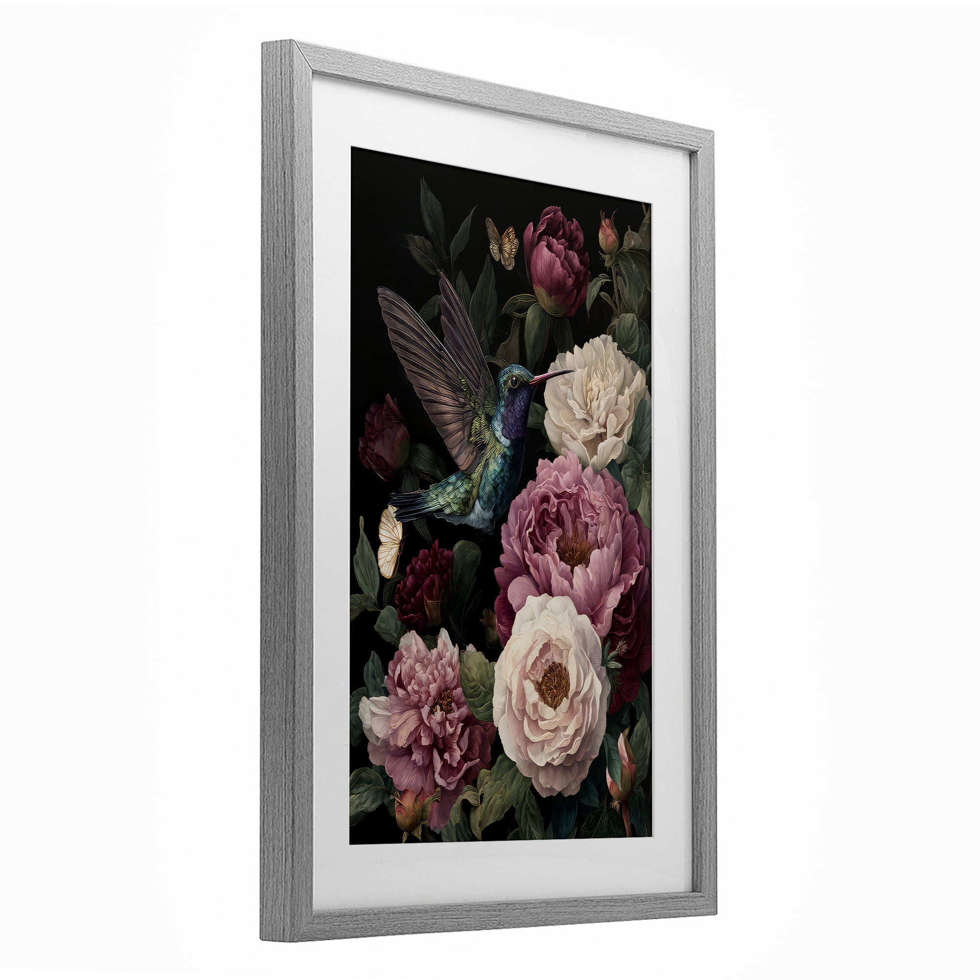 Stupell Industries Hummingbird & Lush Peonies Gray Framed Print Under Glass, design by The Wands Want