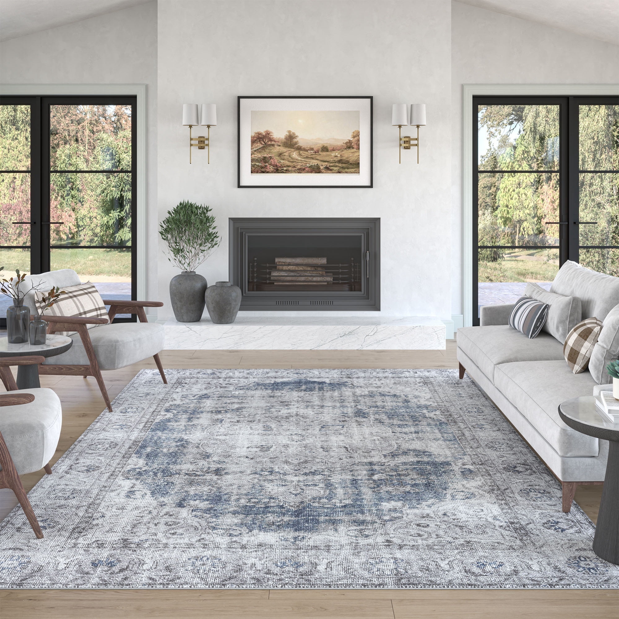 Traditional 5x7 Area Rug (5'3'' x 7'3'') Oriental Navy, Gray Living Room Easy to Clean Machine Washable
