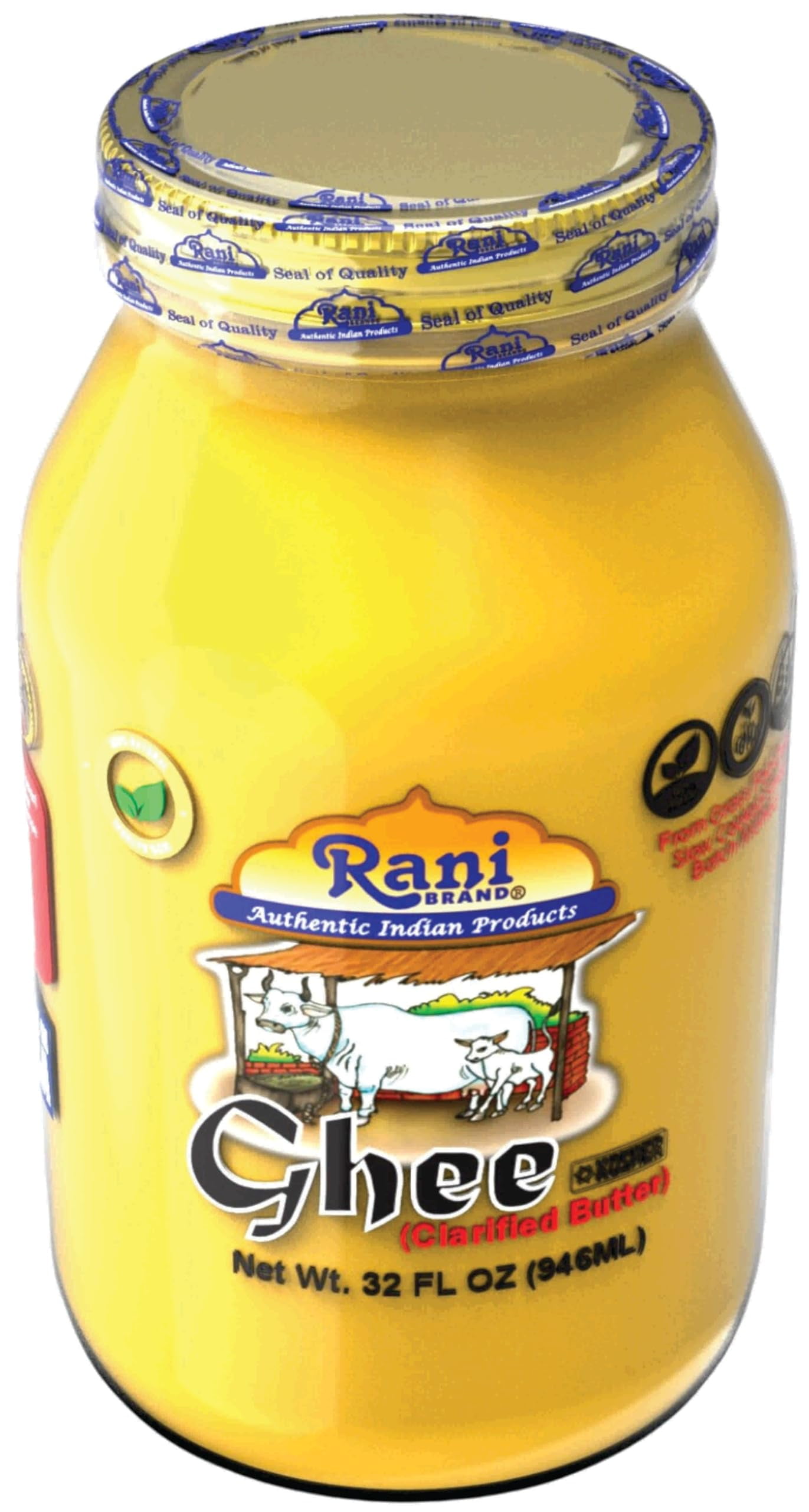 Rani Ghee Pure & Natural from Grass Fed Cows (Clarified Butter) 2lbs (32oz) ~ Glass Jar | Paleo Friendly | Keto Friendly | Gluten Free | Kosher | Product of USA