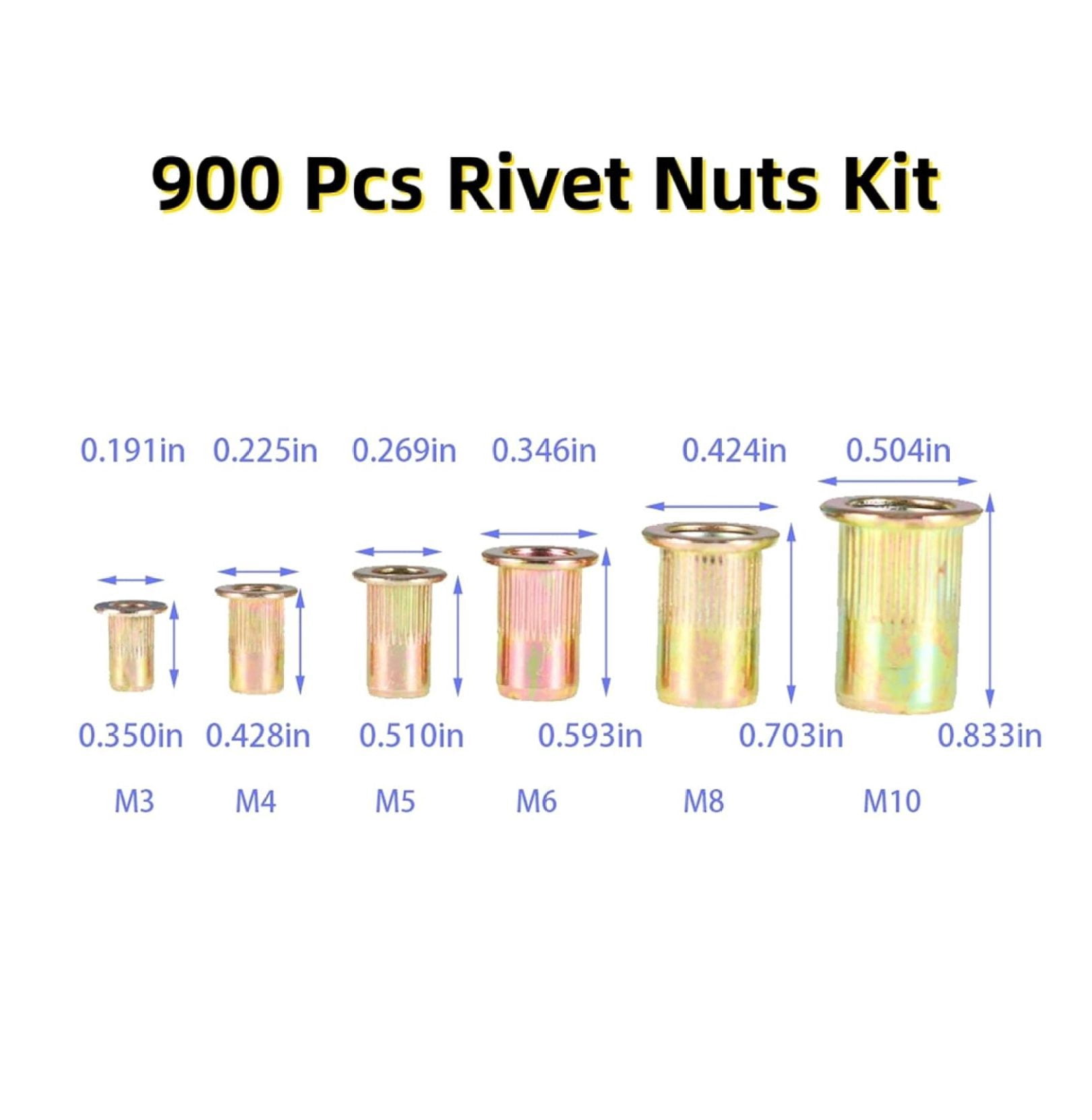900 Pcs Rivet Nuts Kit Metric Zinc Steel, Stainless Steel, Aluminum Threaded Rivetnut Insert Nutsert Rivet Nuts Assortment Kit Including M8 M10