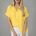 thumbnail image 2 of vigerkar Linen Shirts for Women Button Short Sleeve Summer Blouses Casual Beach Workout Collared Loose Fit Solid Tops Yellow, M, 2 of 5