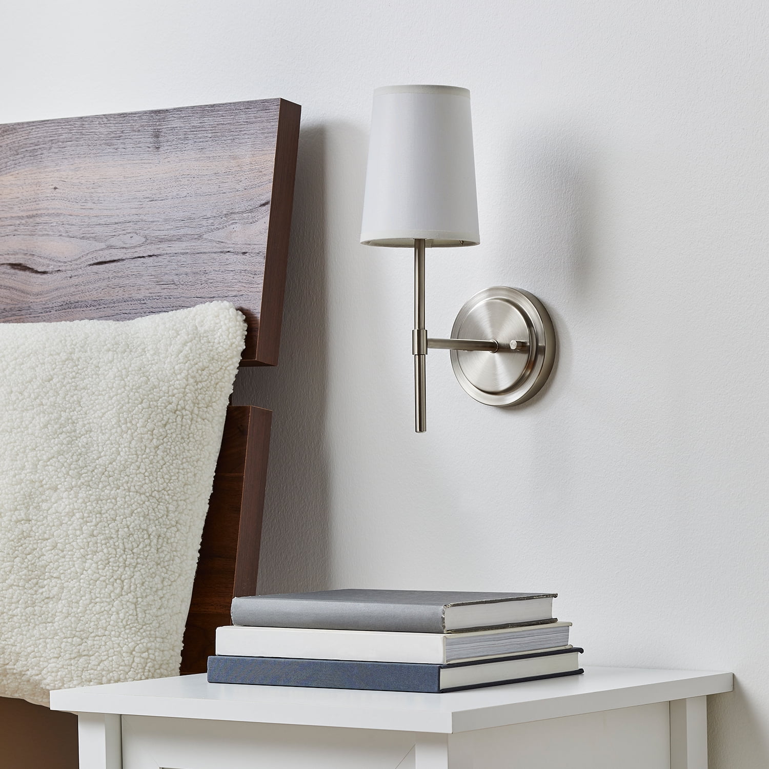 Better Homes & Gardens 1-Light Indoor Wall Sconce, Satin Nickel Finish, White Shade, Bulb Included