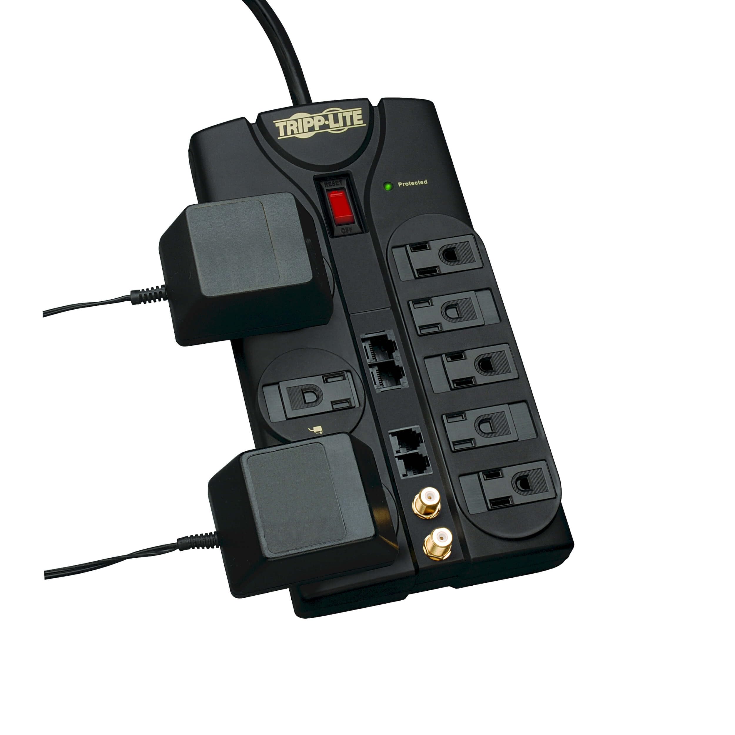 Tripp Lite 8 Outlet Surge Protector Power Strip, 10ft Cord, Right-Angle Plug, Tel/Modem/Coax/Ethernet Protection, RJ11, RJ45, & $250,000 INSURANCE (TLP810NET) Grey CA2