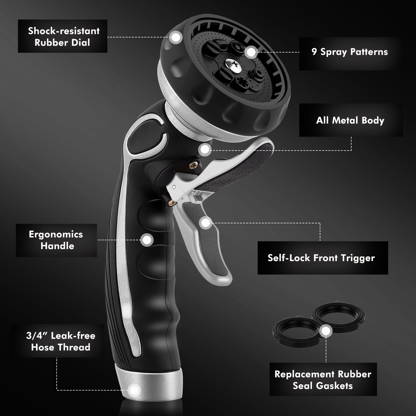 Restmo Durable Ergonomic Hose Nozzle with 9 Spray Patterns, Heavy Duty Metal Water Sprayer for Lawn, Garden, Car & Pet