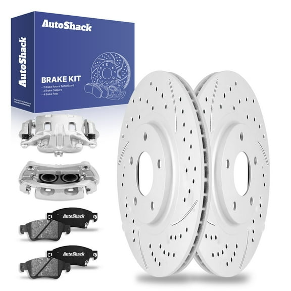 AutoShack Front Drilled & Slotted Brake Rotors Ceramic Brake Pads Calipers | Replacement for 2009-2010 INFINITI G37 3.7L V6 AWD | Silver Coated | 8-PC Brake Kit | TurboGuard