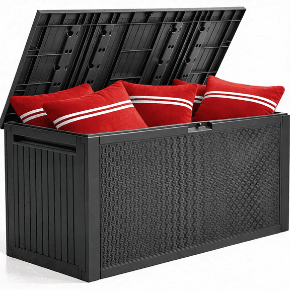 Clearance Outdoor Storage Box, 90GAL Deck Box Waterproof UV Resistant for Outside, 485LBS Resin Storage Bench with Handles, Patio Garden Tool Container for Outdoor Furniture