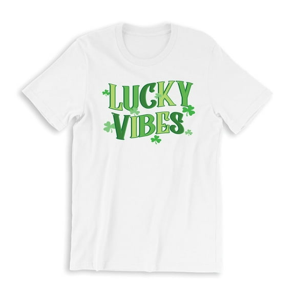 Lucky Vibes Women's White T-Shirt Green Clover Design St. Patrick's Day Holiday Shirt