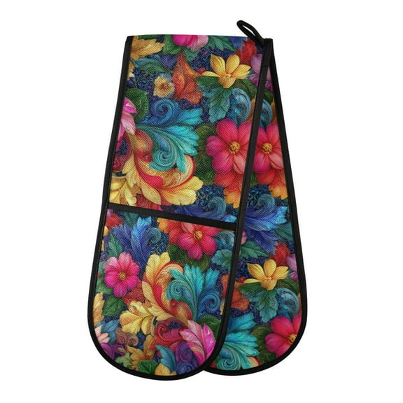 35" x7" Double Oven Mitt Heat Resistant Oven Gloves Withstands Up to 200°C for Kitchen Baking & BBQ Colorful Swirls and Flowers