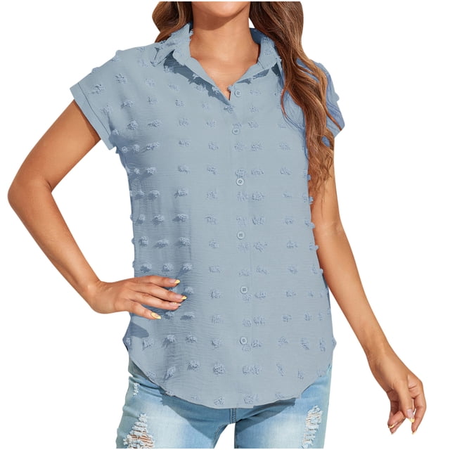 Hauts pour Femmes Décontractés Été Manches Courtes Légers Couleur Unie Tendance T-Shirts Courts Dames Col Rond Blouses (Petit, Bleu Pâle)