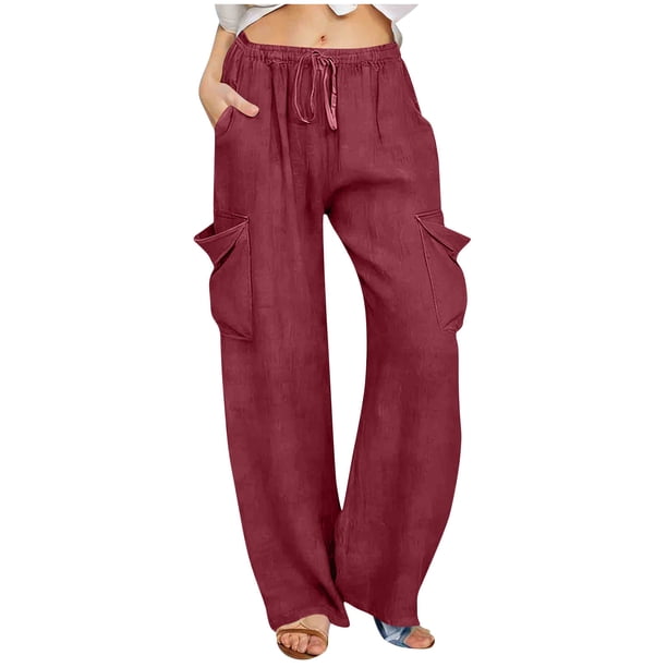 Pantalones de Vestido de Cintura Elástica para Mujeres Color Sólido Suelto Elástico Cordón de Cintura Pantalones de Pierna Recta de Bolsillo Grande
