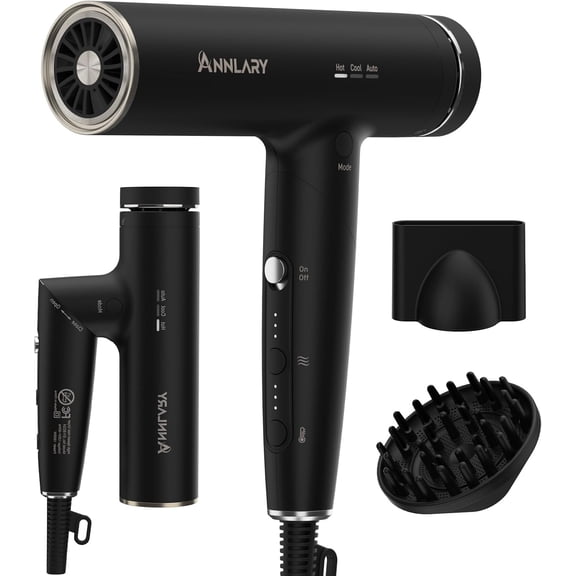 Plasma Ion Hair Dryer with Diffuser for Curly Hair 110000 RPM 1500W Foldable Travel Hair Dryer 6.5 Ft Cord Black