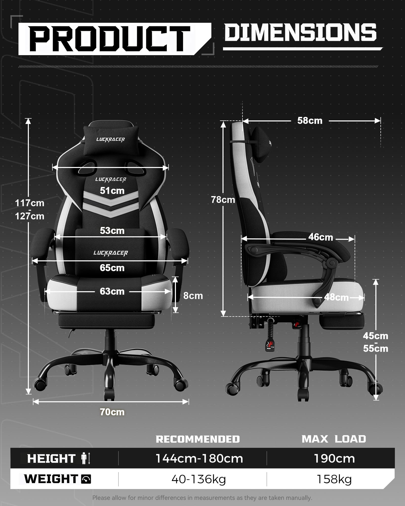 LUCKRACING Fabric PC Gaming Chair with Footrest and Lumbar Support, Black