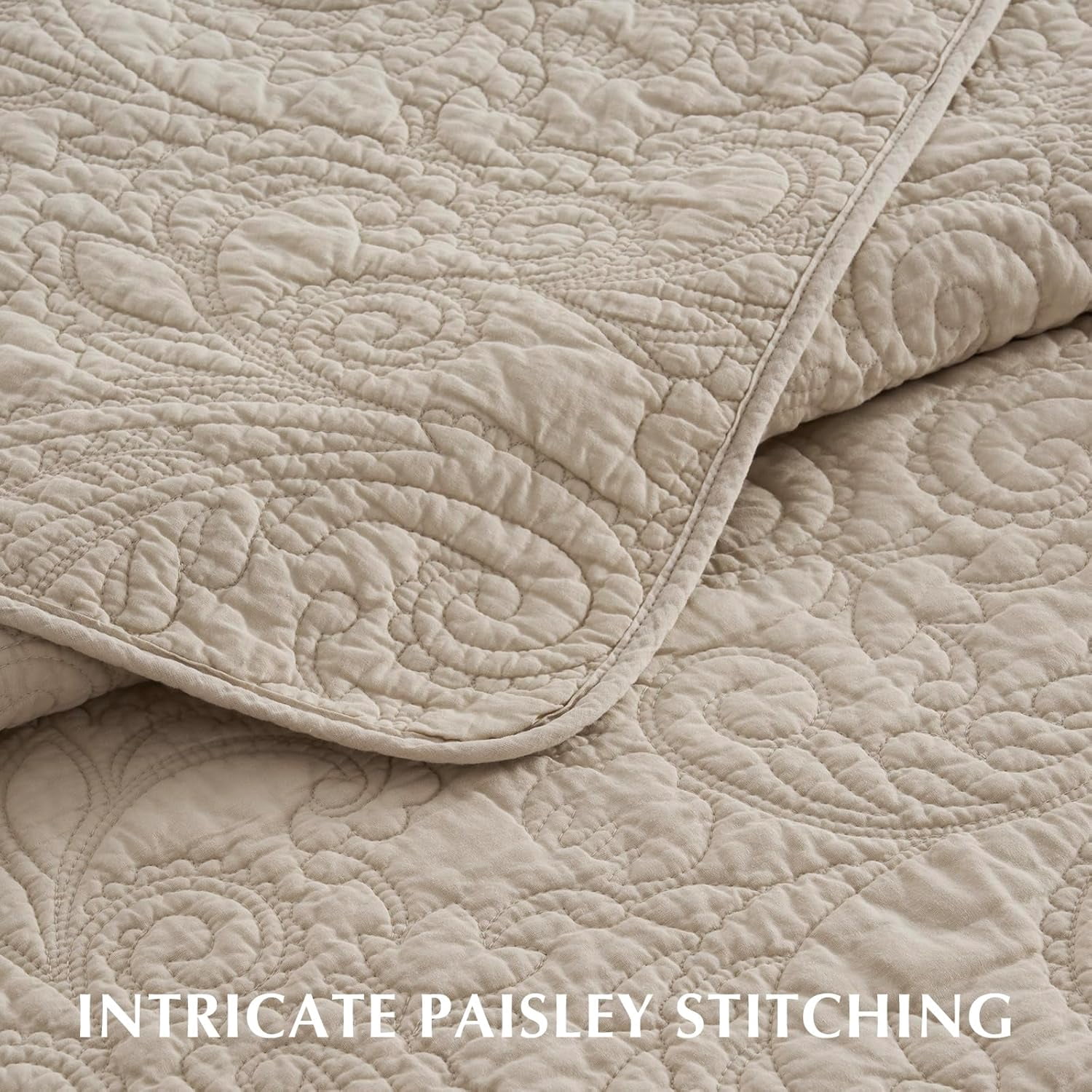 EVERGRACE 100% Cotton Paisley Quilt Set, Queen Size 3 Piece Set – Prewashed Lightweight Bedspread with 2 Shams, Soft & Breathable Matelasse Coverlet for All-Season Comfort, Flax Beige