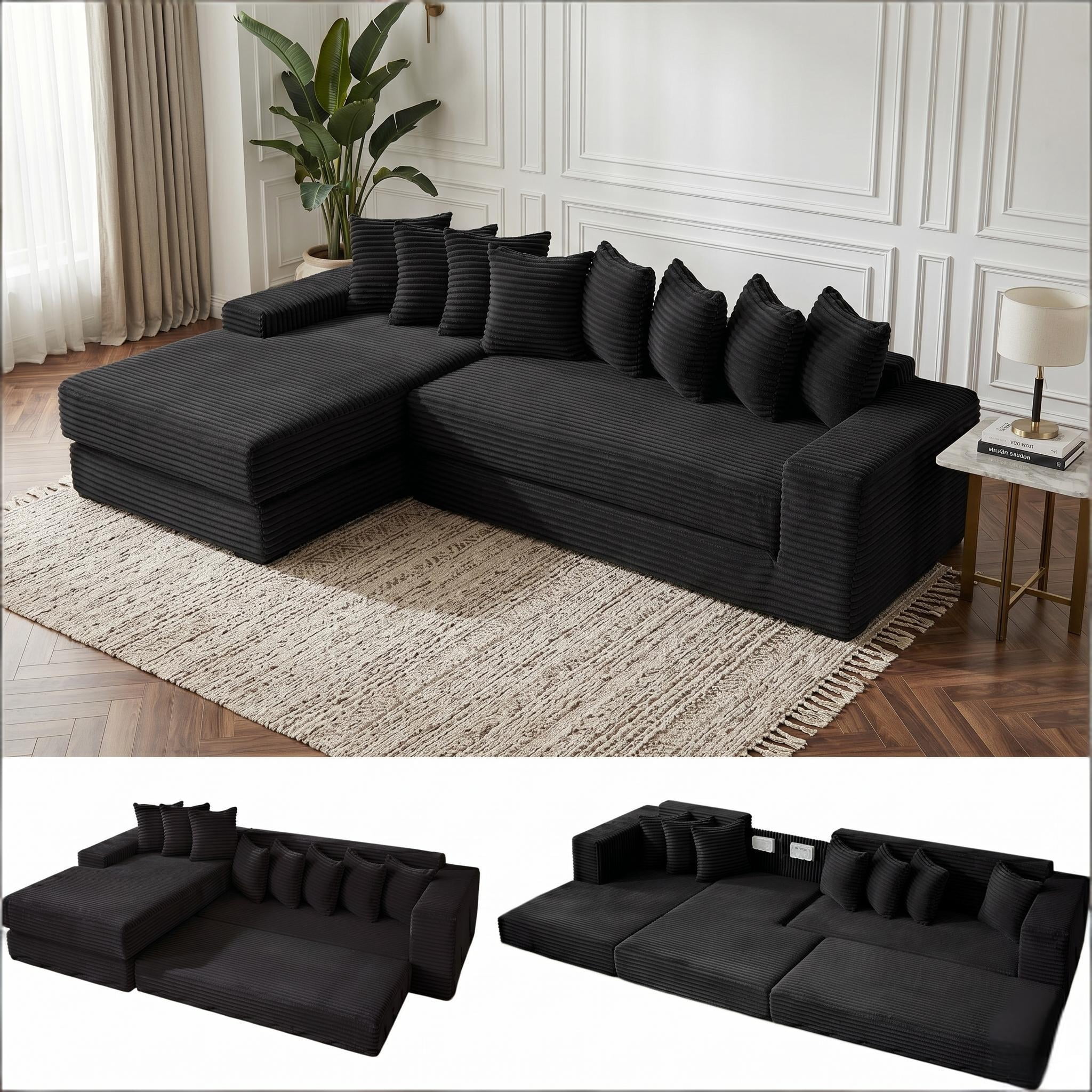 Howcool Modern L-Shaped Sectional Sleeper Sofa Oversized Cloud Couch 3-in-1 Convertible Floor Bed Corduroy with 8 Pillows