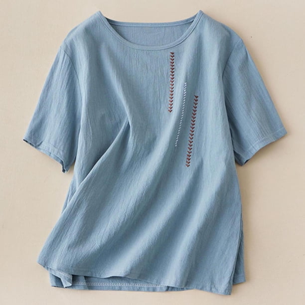 TaTaai Women's Crew Neck Short Sleeve Linen Embroidered Vintage Loose Casual Tops Soft Lightweight Stylish Blouses for Daily Street Office Outfits Gift