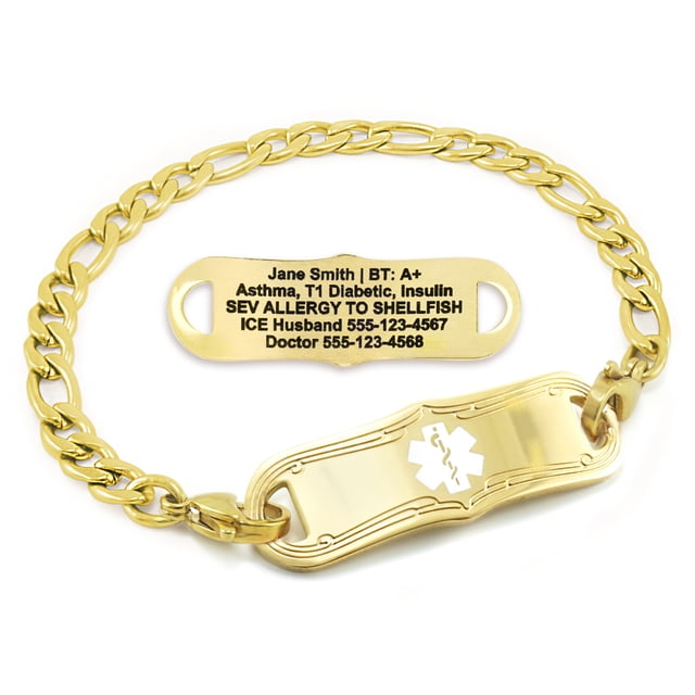 MedicEngraved Yellow Gold Stainless Steel Custom Medical Alert Bracelet - 5mm Figaro Link