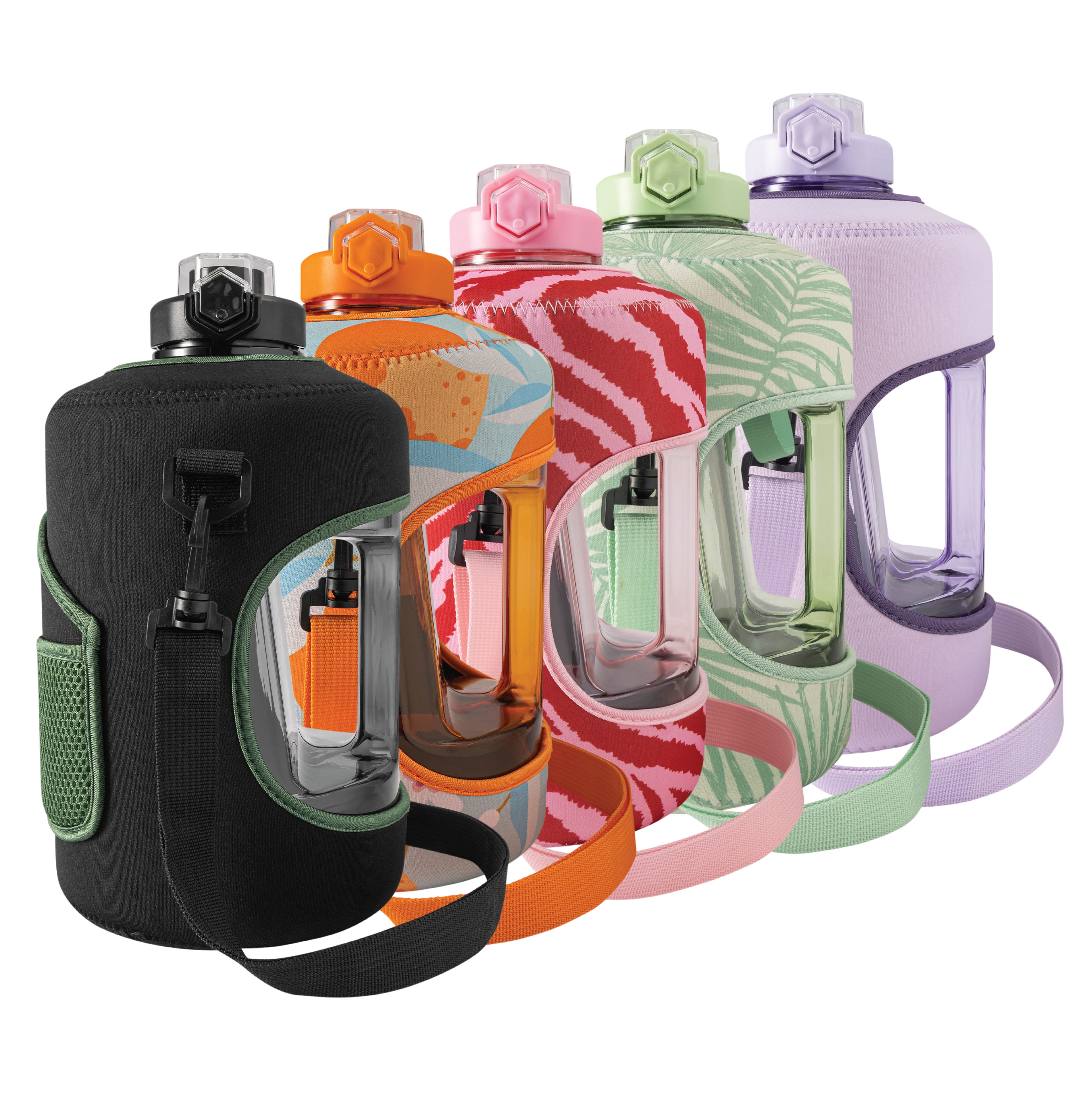 TAL Motivational Gallon Jug Water Bottle with Handle, Push Button Lid & Straw, Neoprene Sleeve, Easy-Carry Strap, Green Palms