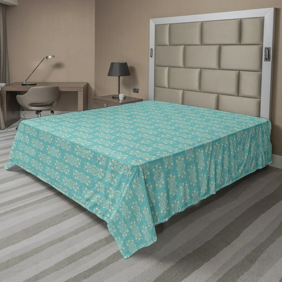 Floral Flat Sheet, Royal Ornaments Pattern Damask Style in Monochrome Design Rococo Art, Soft Comfortable Top Sheet Decorative Bedding 1 Piece, 6 Sizes, Dark Seafoam and Pale Tan, by Ambesonne