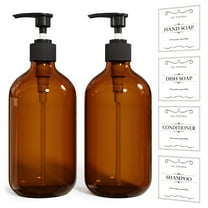 Amber Kitchen Soap Dispenser Set 2PCS 16 Oz, Brown Bathroom Hand Soap Pump Bottles, Refillable Plastic Liquid Dispenser with Rust Proof Pump, Waterproof Labels