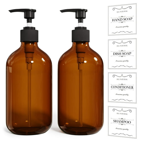 Amber Kitchen Soap Dispenser Set 2PCS 16 Oz, Brown Bathroom Hand Soap Pump Bottles, Refillable Plastic Liquid Dispenser with Rust Proof Pump, Waterproof Labels