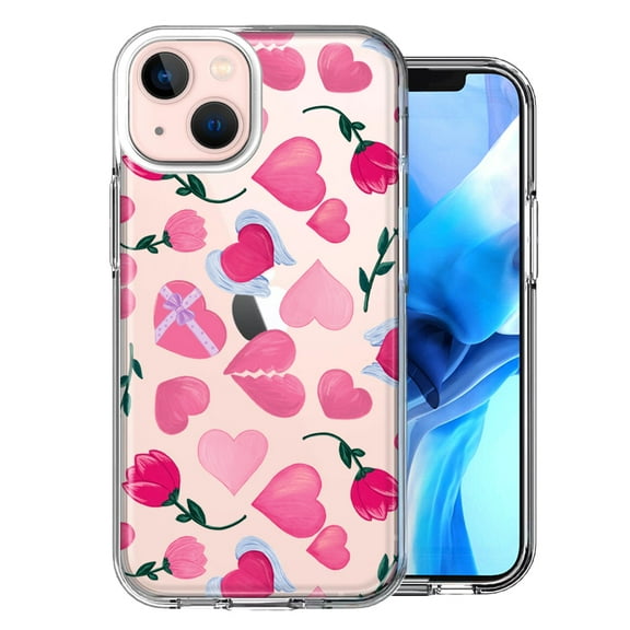 MUNDAZE Case for Apple iPhone 15 Hybrid Shockproof Slim Hard Soft TPU Shell Heavy Duty Protective Phone Cover - Pretty Valentines Day Hearts Chocolate Candy Angel Flowers